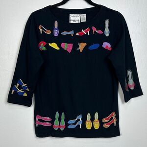 Michael Simon Vintage Cotton Black Novelty Embroidery Top Size S